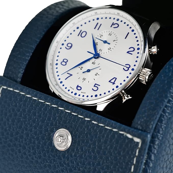 Oirlv Luxury Leather Travel Watch Case Single Watch Box for Men and Women Portable Jewelry Watch Storage Roll Organizer(Blue)