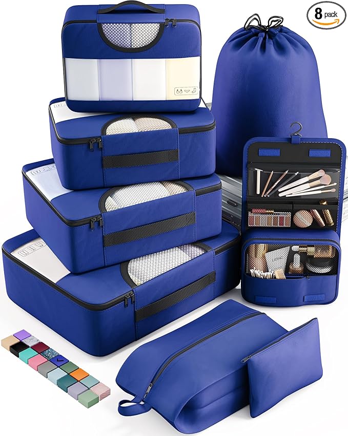 Veken 8 Set Packing Cubes for Travel Essentials, Suitcase Organizer Bags in 4 Sizes, Carry-On Luggage Accessories with Large Laundry & Hanging Toiletry Bag, Must-Have for Airplane, Road Trip & Camping