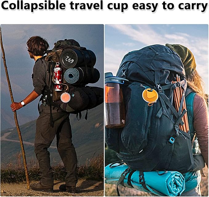 Litoexpe 2 Pack Silicone Collapsible Travel Cup Portable Folding Camping Cup Sets with Lids, Pink & Orange