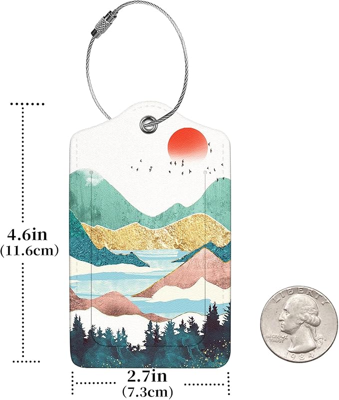 2 Pcs Luggage Tags for Suitcases, PU Leather Cruise Ship Luggage Tags with Privacy Cover Label Address Card and Durable Metal Ring Suitable for Men Women Handbags Backpacks Schoolbag,Golden Mountains