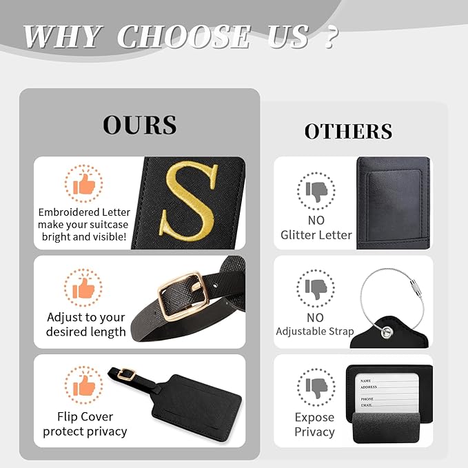 Personalized Initial Luggage Tags for Suitcase TSA Approved, Black Leather Cute Luggage Tag with Privacy Cover Name Card, Embroidered Custom Luggage Tags Travel Backpack Tags Gifts for Women Kids(S)
