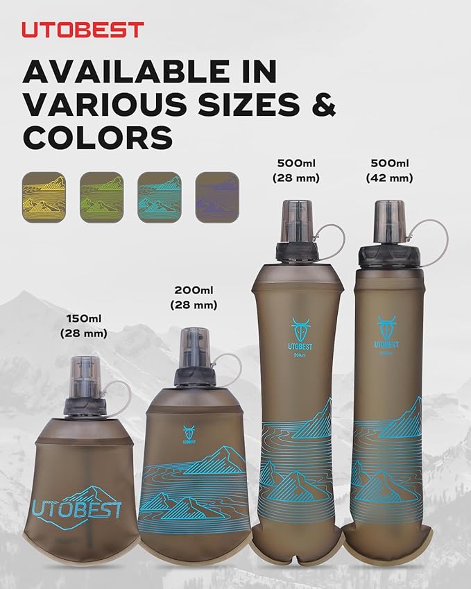 UTOBEST 500ml Soft Flask, 2 Pack Flexible TPU Hydration Water Bottle, Collapsible with 42mm Caliber for Running, Hiking, Cycling, Climbing, and Marathon Blue