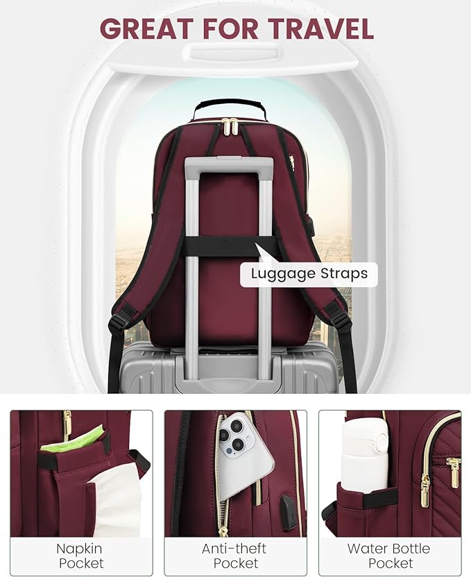 LOVEVOOK Laptop Backpack for Women, Large Travel Computer Work Bag, Business Teacher Nurse College Backpack Purse, Hiking Outdoor Carry On Backpack with 17.3-inch Laptop Compartment, Wine Red