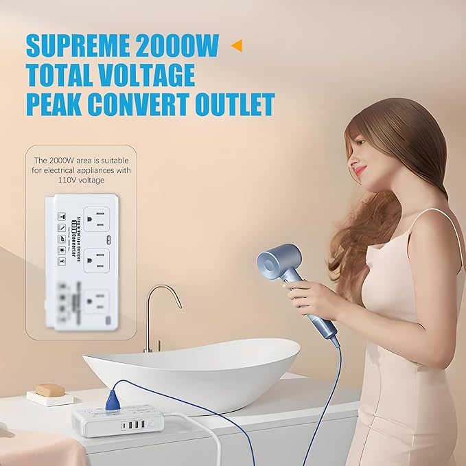 220v to 110v Travel Voltage Converter: International Universal Voltage Converter US to Europe Power Strip Plug Transformer - 2000W Electric Hair Dryer Step Down Outlet Converters for European UK EU