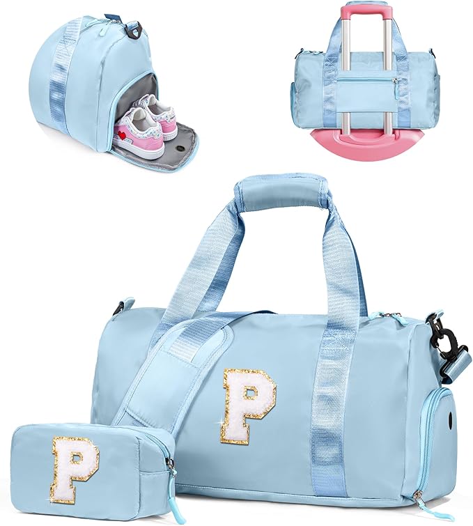 Easter Basket Stuffers Gifts for Kids-Girl Gym Bag with Shoe Compartment, Kid Personalized Weekender Overnight Bags, Initial Travel Tote with Makeup Pouch, Valentines Day Gift (Letter P)