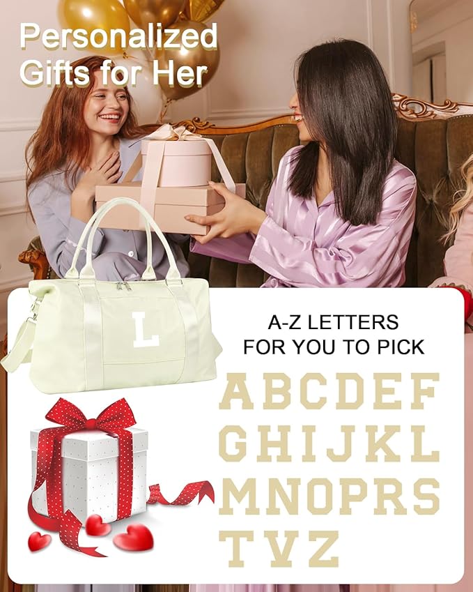 Initial Travel Duffel Bag Sports Gym Bag for Kids Teen Birthday Gifts,Beige Personalized Weekender Bag Carry On Dance Bags for Women Men,Waterproof Monogram Overnight Bag with Trolley Sleeve(Letter L)