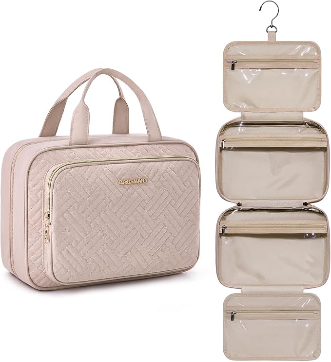 BAGSMART Travel Toiletry Bag Hanging Travel Makeup Organizer Cosmetic Bag Makeup Bag for Full Sized Toiletries, Basic-Pink