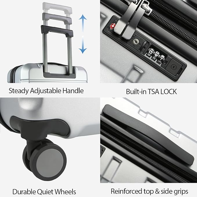 KROSER Hardside Expandable Carry On Luggage with Spinner Wheels & Built-in TSA Lock, Durable Suitcase Rolling Luggage with USB Port, Carry-On 20-Inch, Silver Grey