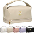Gifts for Women, Initial Makeup Bag, Waterproof Double Layer Cosmetic Bag, Large Capacity PU Leather Makeup Bags Letter Travel Toiletry Bag with Makeup Brush Organizer