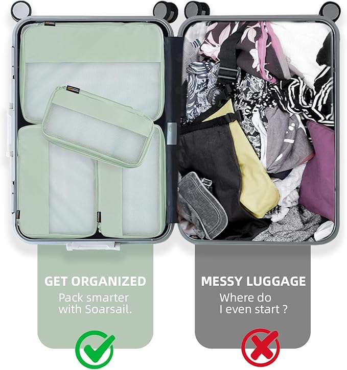 4 Piece Compression Packing Cubes for Suitcases and Backpack, Lightweight Travel Organizers (Light Green)
