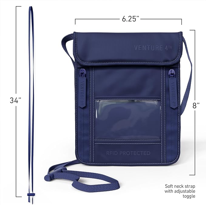 VENTURE 4TH Passport Holder Neck Wallet with RFID Blocking Nylon Lining - Hidden Neck Pouch for Travel (Sleek Navy Blue)
