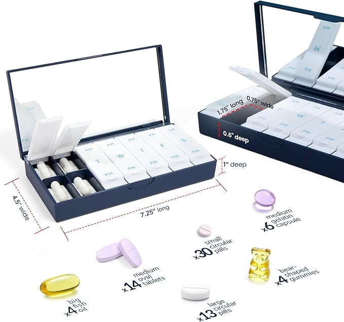 PORT X POLISH Designer Weekly Pill Box Organizer (Single 1X Daily, Charcoal Gray) | Compact, Stylish 7-Day Vitamin Supplement Case | Cute Portable Mini Travel Medicine Carrier | BPA-Free Pillbox Caddy