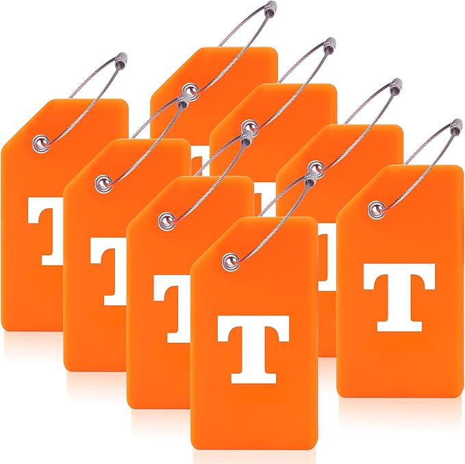 8 Pcs Luggage Tags for Suitcases, 26 Initial Letter Travel Luggage Baggage Identification Labels ID Tags Fully Bendable Tags with Stainless Steel Loop (Letter T, Orange)