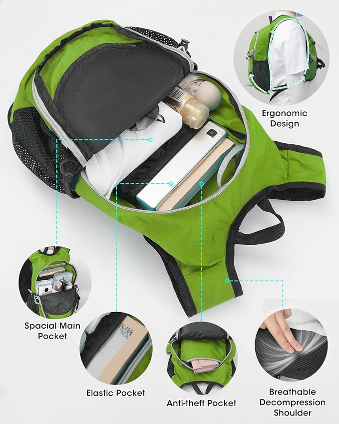 Small Hiking Backpack with Front Phone Holder, Packable Back pack with Chest and Waist Strap, Lightweight Daypack for Women Men