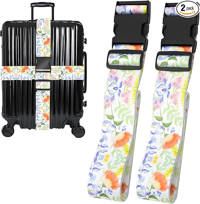 Roses Flowers Luggage Straps for Suitcases, Adjustable Luggage Travel Belts to Keep Luggage Security While Travel, Strong Polyester Fabric, Easy-to-Recognize Stylish Design Travel Accessories, 2 Pack