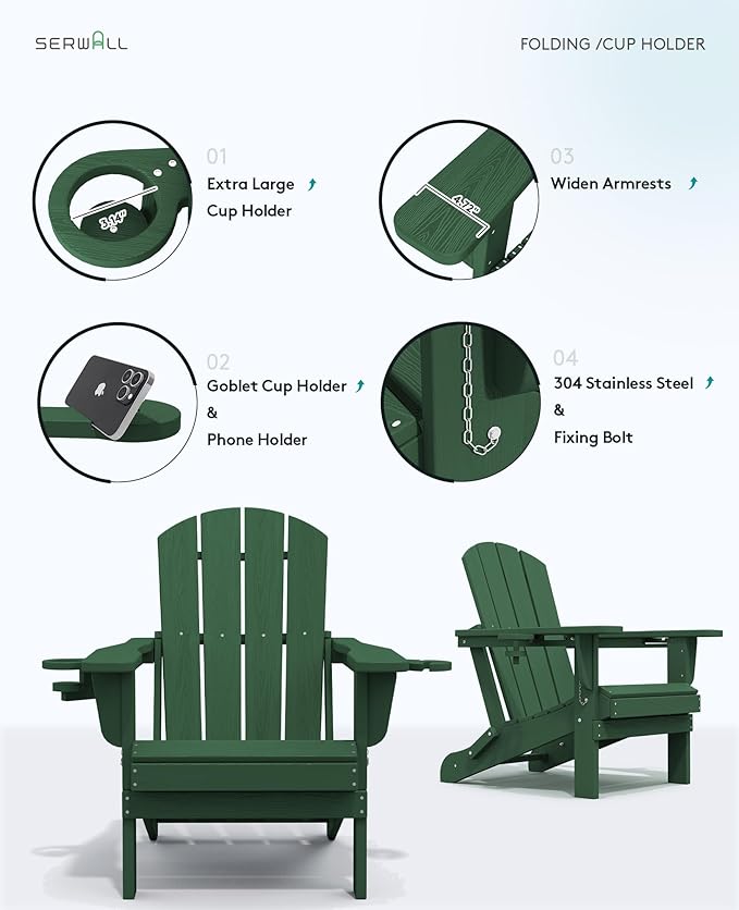 SERWALL Adirondack Chair with Cup Holders - Composite Adirondack Chairs Set of 2 HDPE Outdoor Chairs All Weather Use- Green