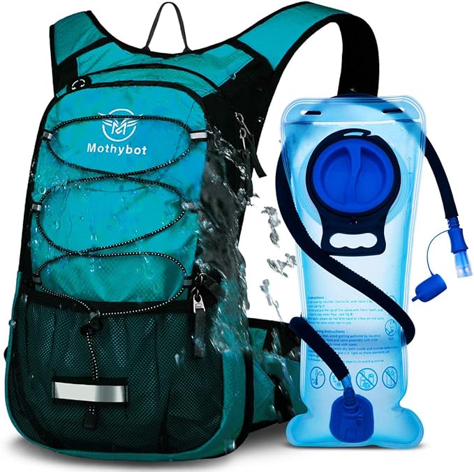 Insulated Hydration Backpack Pack with 3L BPA Free Leak Proof Water Bladder, Large Storage Lightweight Hiking Daypack with Waist Pouches & Cooler Layer, for Running, Biking, Camping, Festival
