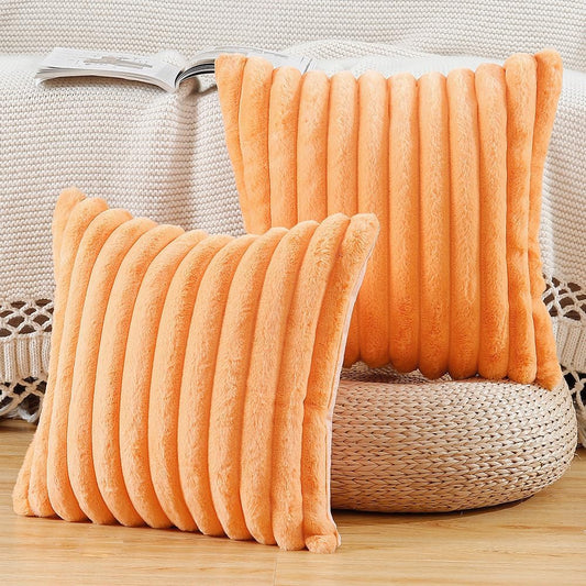MADIZZ Set of 2 Faux Wool Plush Decorative Throw Pillow Covers 26x26 Inch Orange Fluffy Striped Soft Decorative Cushion Cover for Sofa Bedroom Pillow Shell