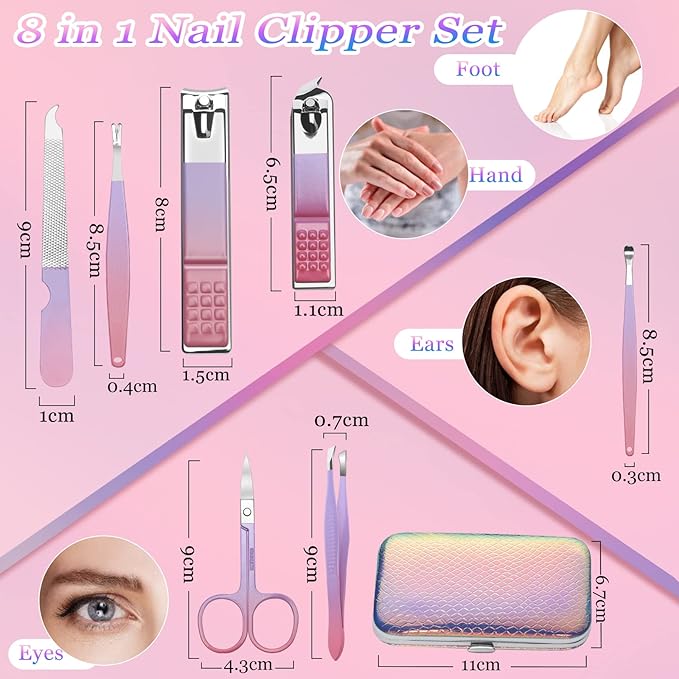 Aceoce Manicure Set Women Nail Clippers Professional Manicure Pedicure Kit Stainless Steel Nail Cutters Grooming Kit Personal Care Tools with Travel Case Gift for Women Gradual Purple
