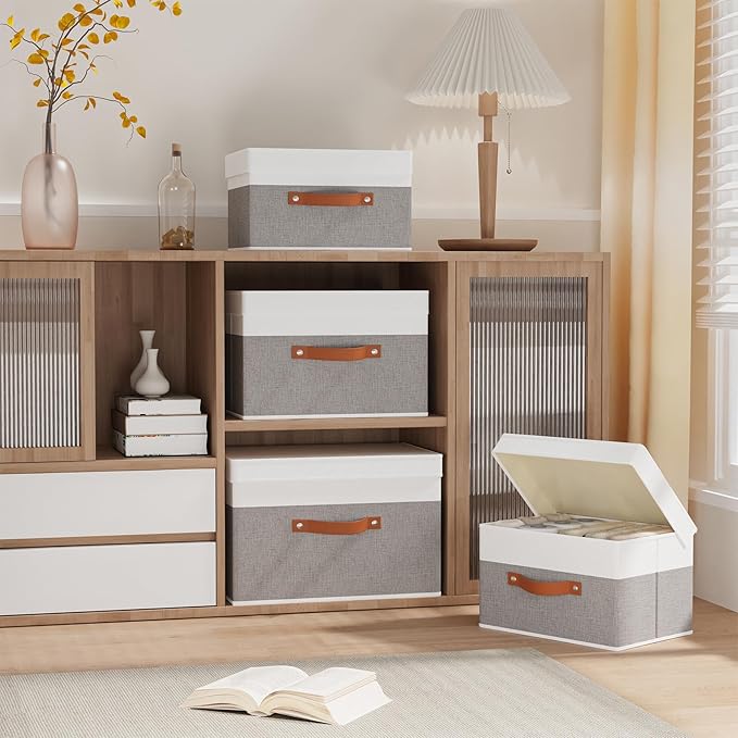 Fabric Storage Boxes with Lids, Linen Foldable Cloth Baskets, Closet Organizer Containers with Double Handles, Sweater Bins for Bedroom, White and Grey, 3 Pack, 13 x 9.1 x 7.9 Inch