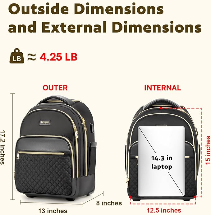 Small Rolling Backpack for Women, Lightweight Travel Backpack with Wheels, Roller Backpack for Adults, Water Resistant Rolling Laptop Bag, Wheeled Underseat Carry On Luggage, Black Gold