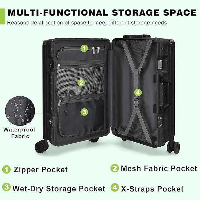 AnyZip Luggage PC+ABS Aluminum Frame Zipperless Checked Luggage Hard Shell Suitcase with TSA Lock Double Spinner Wheels 24 Inch Black