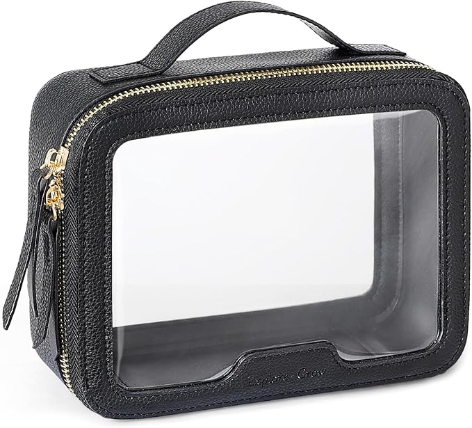 PACKISM TSA Approved Toiletry Bag - Pebbled Texture & Hard PU Leather Clear Quart Size Travel bag TSA Approved, Clear Travel Bag for Toiletries, Toiletry Bag for Women Gift (Black Medium)