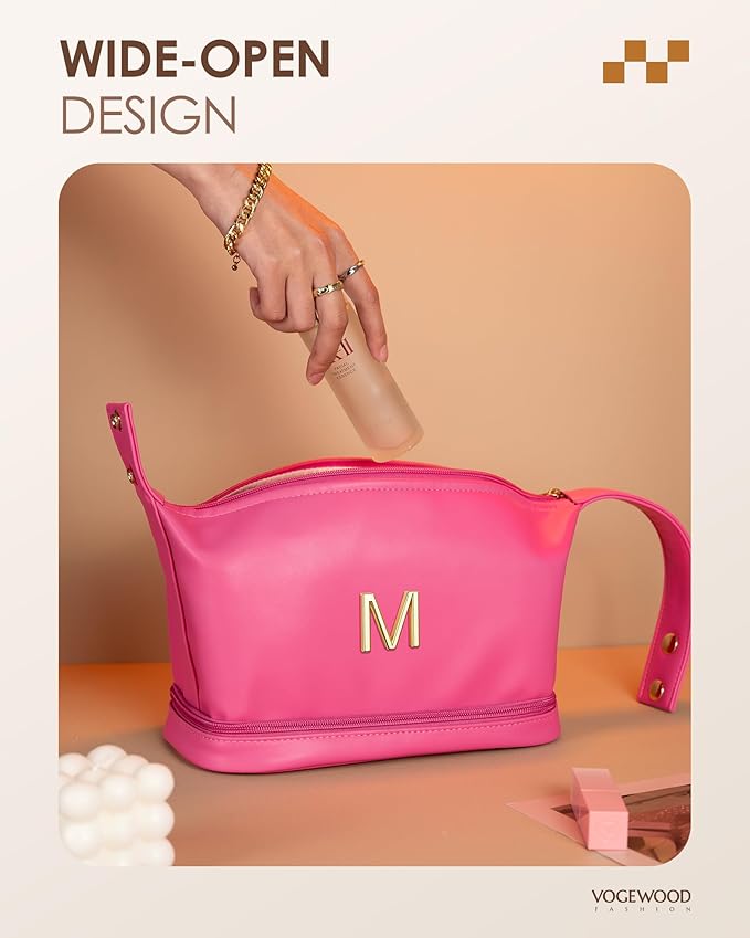 Bridesmaid Gifts for Girl, Monogrammed Makeup Bag with Handle, Initial Double Layer Cosmetic Bag with Makeup Brush Organizer, Cute Cosmetic Pouch for Women, Gifts for Friends Female