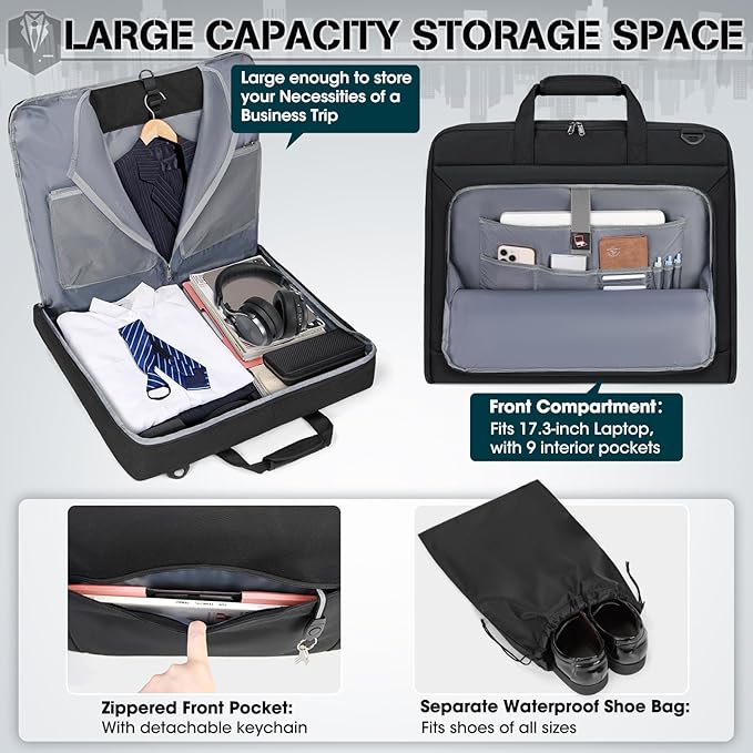 RAINSMORE Garment Bags for Travel Carry On Garment Bag for Hanging Clothes, Suit Bag for Business Trips with Shoes bag & Shoulder Strap, Waterproof Foldable Suit Luggage Bag for Men Women, Black