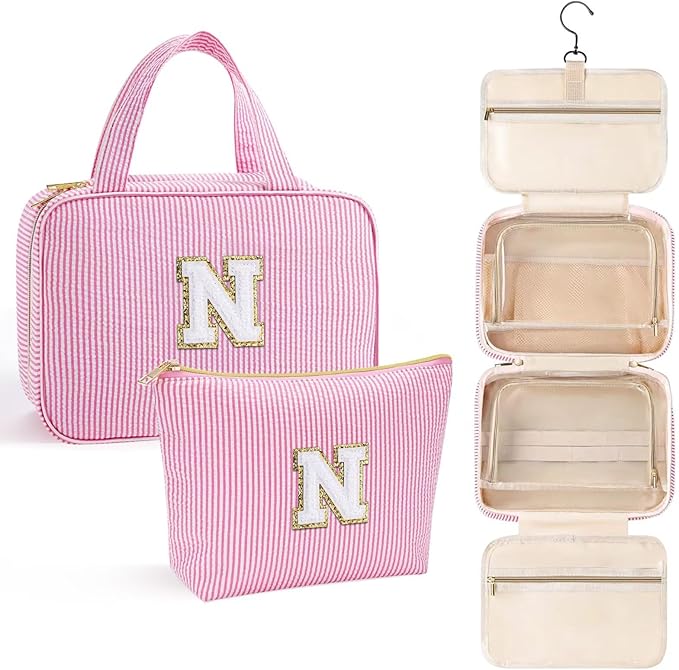 YOOLIFE Hanging Toiletry Bag for Women - Large Travel Toiletry Bag Makeup Bag, Portable Toiletries Cosmetic Bag, Airplane Travel Essentials - Letter N, Pink