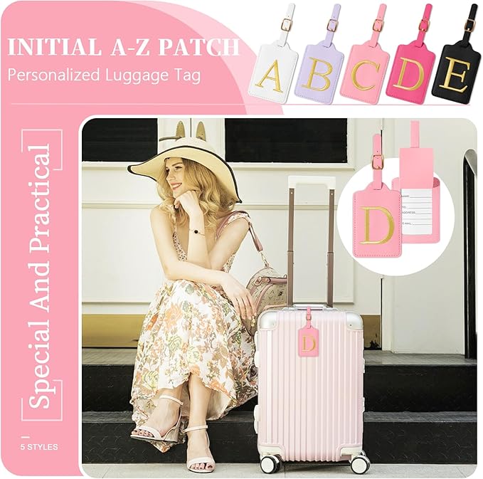 Personalized Initial Luggage Tags for Suitcase, Pink Leather Cute Luggage Tags with Privacy Cover Name Card, Embroidered Custom Monogrammed Luggage Tag Travel Bag Baggage Tags Gifts for Women Kids(D)