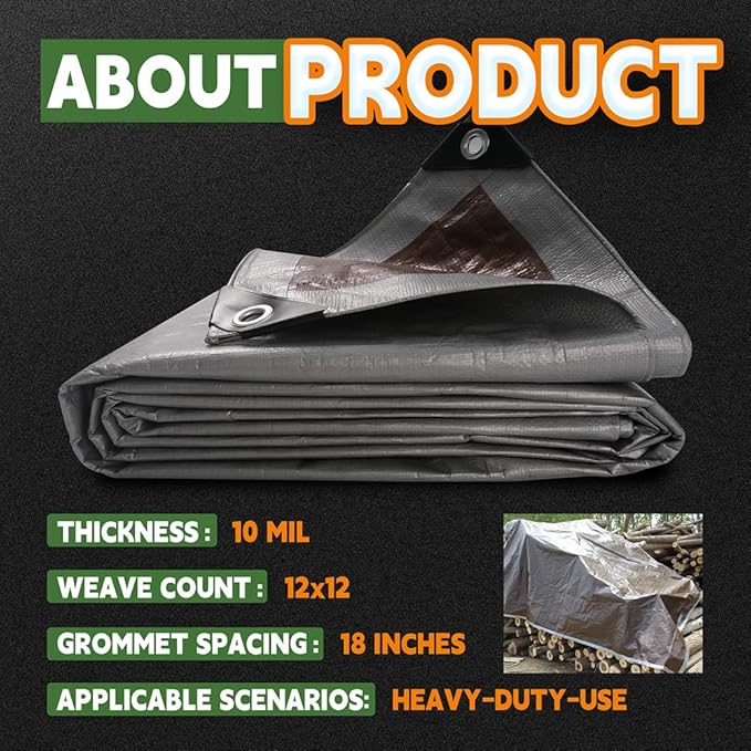 RAINDEWAY Tarps Heavy Duty Waterproof 15x15 Feet, 10Mil Multipurpose Poly Tarp Cover with Metal Grommets and Reinforced Edges, Silver/Brown Tarp
