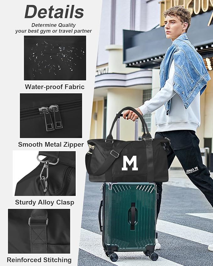 Initial Travel Duffel Bag Sports Gym Bag for Boys Teen Birthday Gifts,Black Personalized Weekender Bag Carry On Tote Bags for Men,Waterproof Overnight Luggage Bag Airplane Travel Essentials(Letter M)
