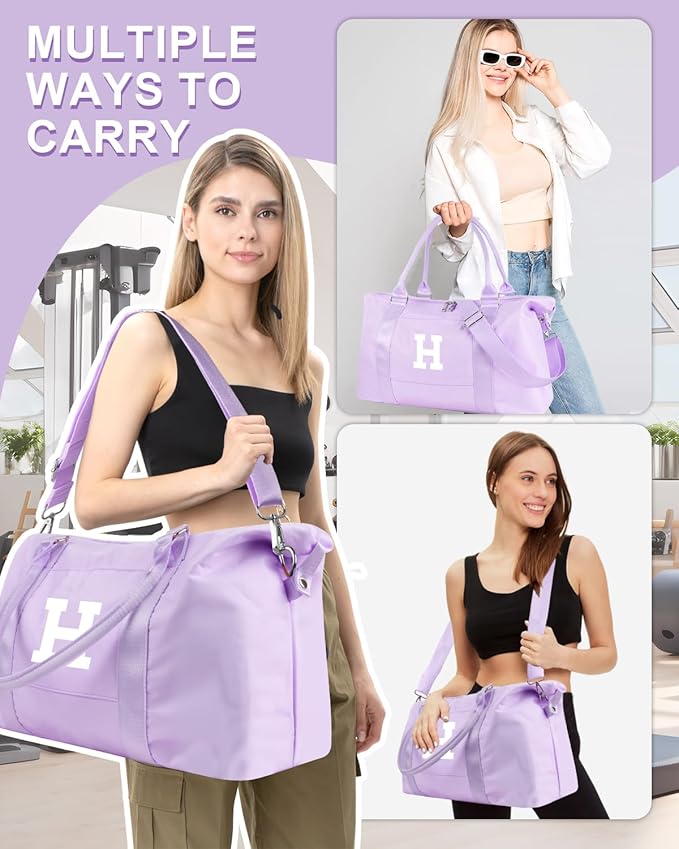 Daughter Niece Gifts for Teen Girl Kids, Initial Travel Duffel Bag Sports Gym Bag Personalized Gifts Weekender Bag，Monogram Overnight Bag Cute Dance Bag Birthday Bridesmaid Gifts for Women(Purple, H)