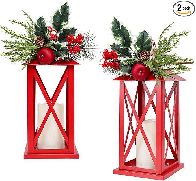 Christmas Decorative Lanterns 2 Pack Outdoor Lantern 13.5" Waterproof Battery Powered LED Hanging Lanterns with Flamessless Candle for Front Porch, Entrance, Indoor, 2 Pack
