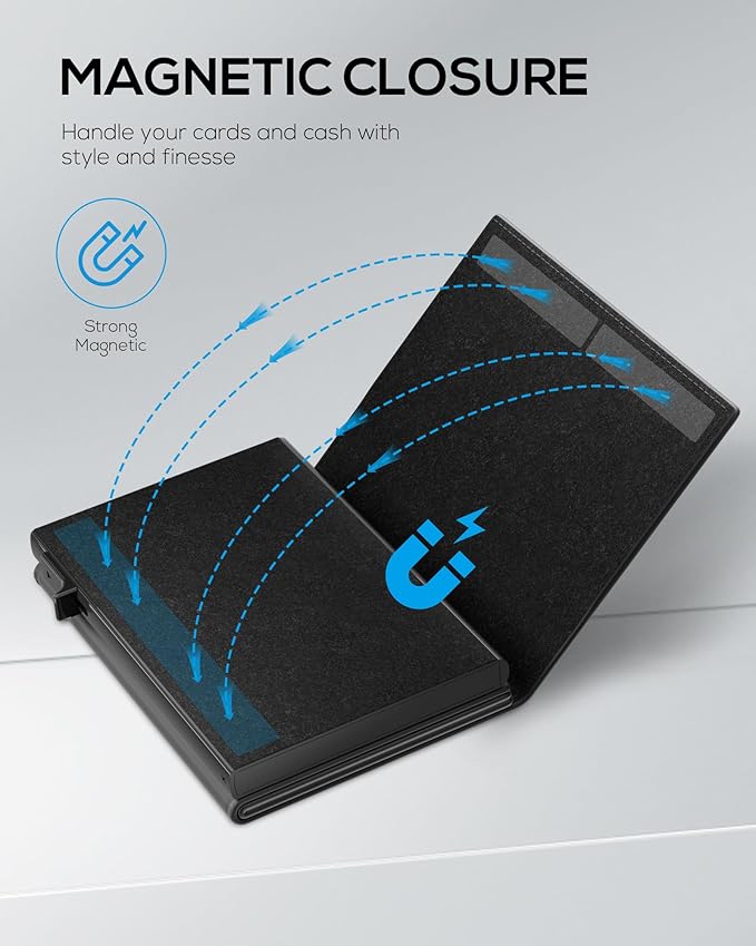 Mens Wallet Card Holder - Smart Wallet for Men, Pop Up Card Case, Top Grain Leather, RFID Blocking, Slim, Minimalist, Ultra Thin, Front Pocket, 9-14 Card Capacity | ID Window | Cash Slot (Black)