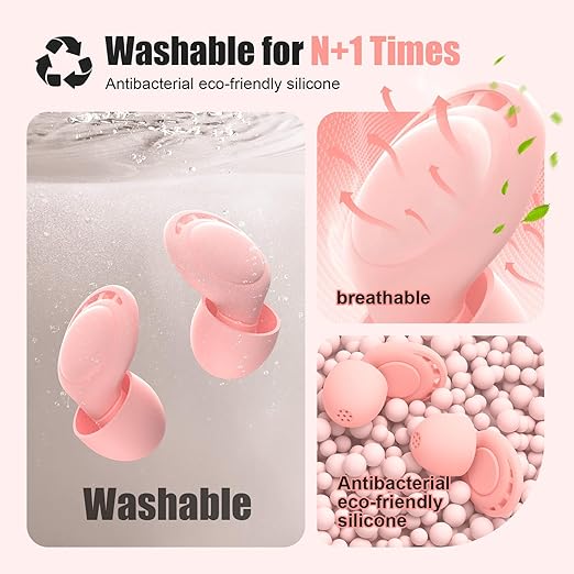 Ear Plugs for Sleeping Noise Reduction, Beinkap Reusable Earplugs Hearing Protection for Focus, Study, Work – 6 Pair Eartips in S/M/L – Flexible Silicone Soft – 35dB Noise Cancelling - Pink