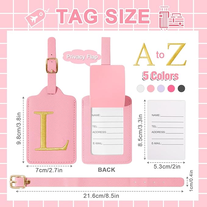 Personalized Initial Luggage Tags for Suitcase, Pink Leather Cute Luggage Tags with Privacy Cover Name Card, Embroidered Custom Monogrammed Luggage Tag Travel Bag Baggage Tags Gifts for Women Kids(L)