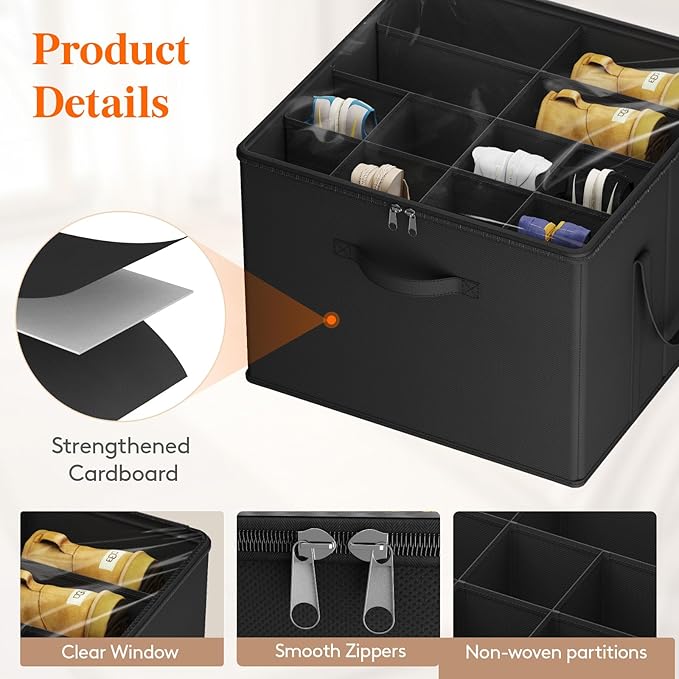 Lifewit Shoe Storage Organizer for Closet, Fits 12-16 Pairs, Large Shoe Box Storage Containers with Clear Cover and Reinforced Handles, Foldable Storage Bins Fit for Boots Heels Sneakers, 2 Pack Black