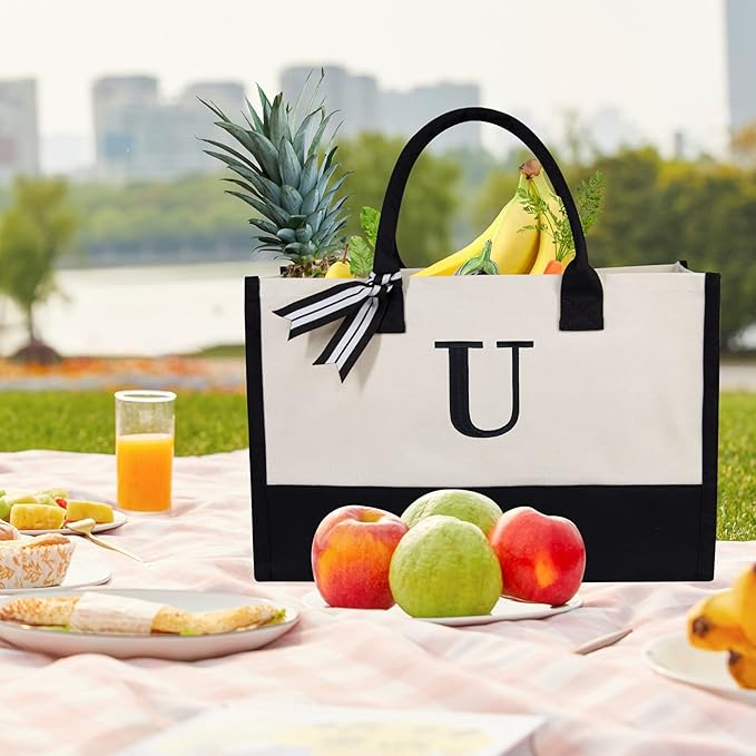 TOPDesign Embroidery Initial Canvas Tote Bag, Personalized Present Bag, Suitable for Wedding, Birthday, Beach, Holiday, is a Great Gift for Women, Mom, Teachers, Friends, Bridesmaids (Letter U)