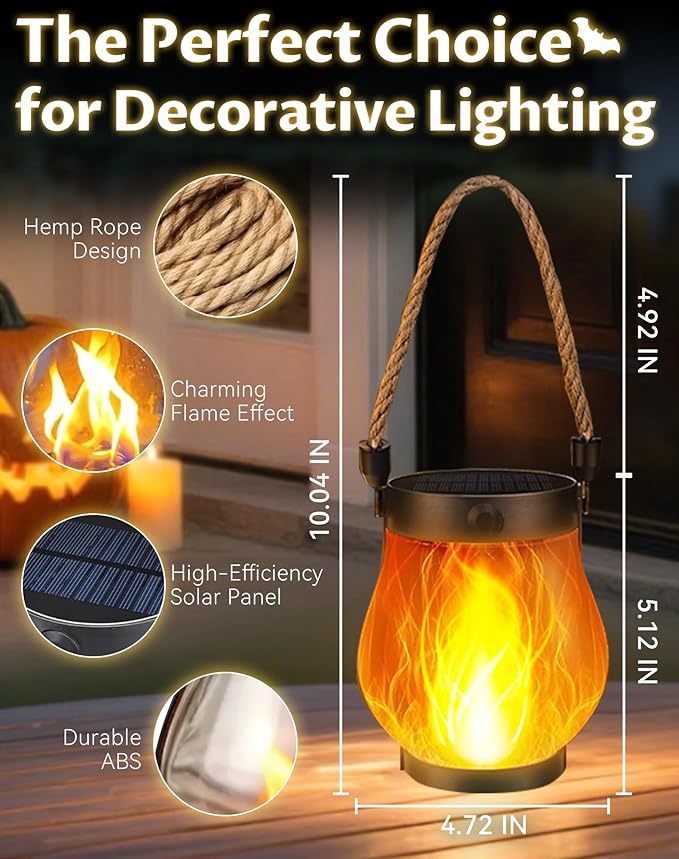 Kaliqo Solar Lantern Outdoor Lights - Official, Waterproof Kaligo Solar Flame Lights Hangable with Dancing Flame, Hemp Rope Hanging Flame Lanterns,Dual Charging Modes, Smokeless (5pcs)