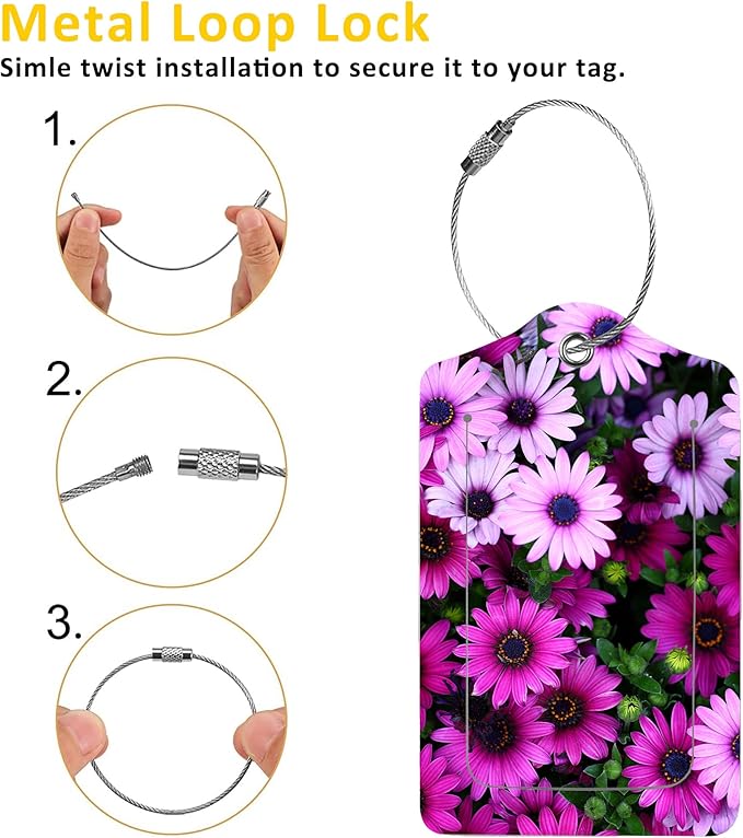 2 Pack Luggage Tags for Suitcases,Flowers Luggage Tag,PU Leather Id Label Luggage Tags with Stainless Steel Loop and Privacy Cover for Women Men Teens Travel