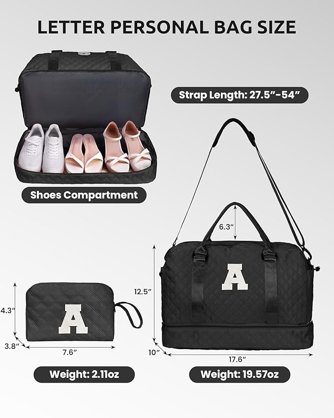 Trendy Gifts for Women-Initial Duffle Bag with Shoe Compartment, Personalized Weekender Bags, Monogram Overnight Bag for Women, Letter Travel Bags with Makeup Pouch (Letter A)