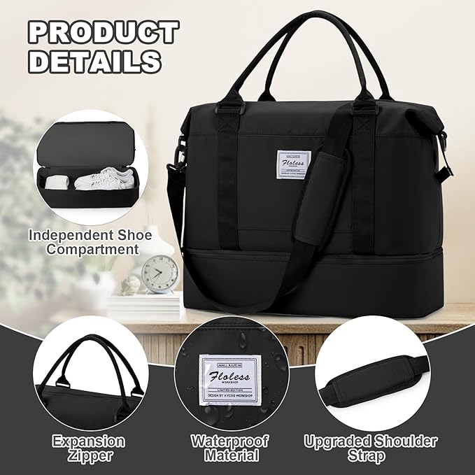 Travel Duffel Bag, Sports Tote Gym Bag, Shoulder Weekender Overnight Bag for Women