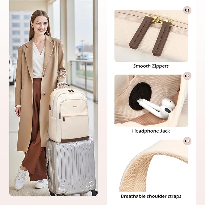Laptop Backpack for Women Travel Carry On Bag Weekender Business Multilayer Personal Item Backpack,16 Inch,WApricot