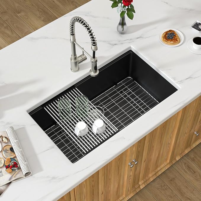 32 Granite Composite Kitchen Sink - Donsdey 32 Inch Black Kitchen Sink Undermount Granite Quartz Composite Ledge Workstation Matte Black Under Counter Single Bowl Sink Basin
