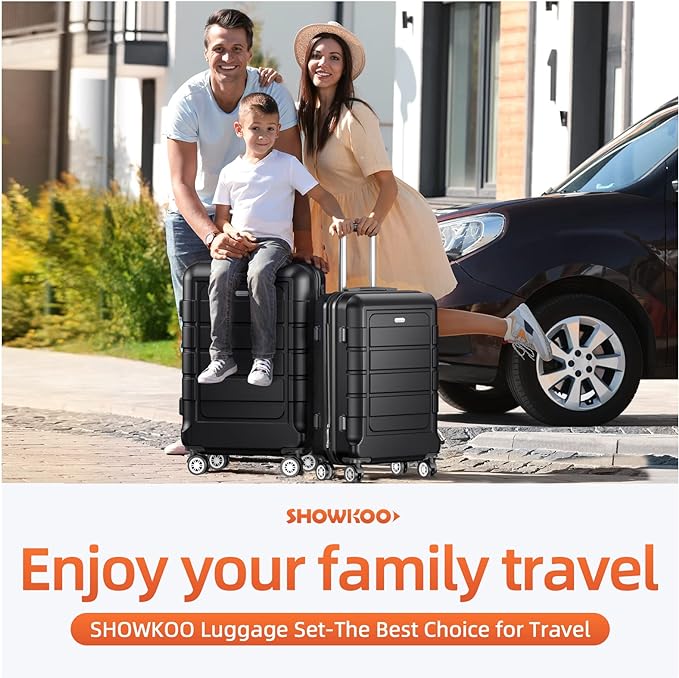 SHOWKOO Luggage Sets Expandable PC+ABS Durable Suitcase Double Wheels TSA Lock Black