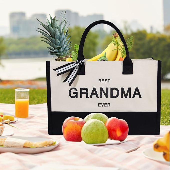 TOPDesign Embroidery Canvas Tote Bag for Women, Grandma Gifts from Grandchildren Granddaughter Grandson, Personalized Birthday, Mothers Day Present, Ideal for Beach, Holiday