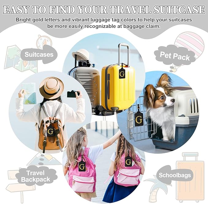 Personalized Initial Luggage Tags for Suitcase TSA Approved, Black Leather Cute Luggage Tag with Privacy Cover Name Card, Embroidered Custom Luggage Tags Travel Backpack Tags Gifts for Women Kids(G)