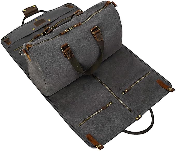 2 in 1 Canvas Leather Suit Luggage Garment Bag with Shoulder Strap for Travel and Business Trips (Grey)